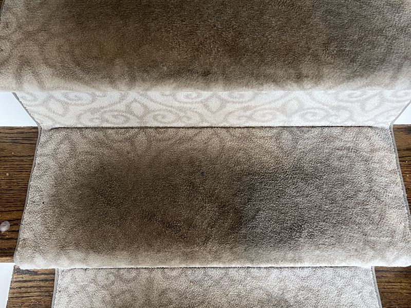 Scroll-pattern stair runner before cleaning by Dr Carpet, dark worn treads